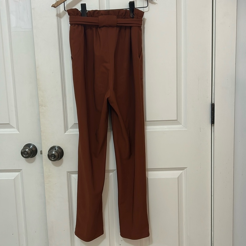 Kate Kasin Paperbag Waist Pants size small rust brown with tye belt - Picture 3 of 6